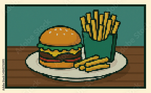  Delicious Halftone Hamburger and Fries Meal on a Plate, Poster digital ,art 