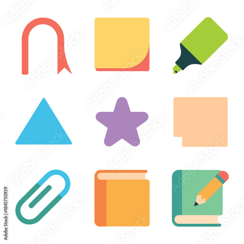 School stationery and basic shape icon set with bookmark highlighter paper clip notebook symbols, colorful education flat vector illustration
