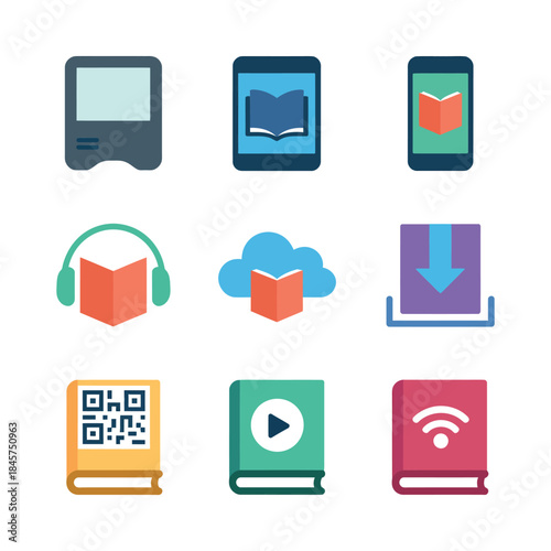 Online education and digital library icon set with ebook audio cloud wifi download symbols, smart learning flat vector illustration