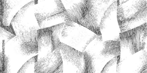 Abstract black and white textured pattern with curved and angular shapes created by fine line hatching