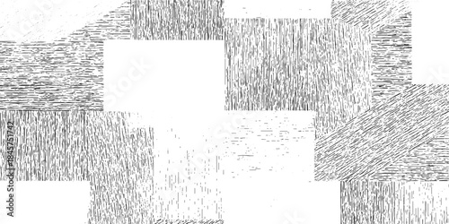 Abstract geometric pattern of black and white textured rectangles and squares with varied line densities and orientations