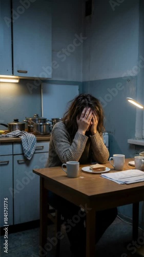 Stressed woman sitting at kitchen table at night, covering face while dealing with bills and paperwork, anxiety, burnout and financial stress concept. generative AI