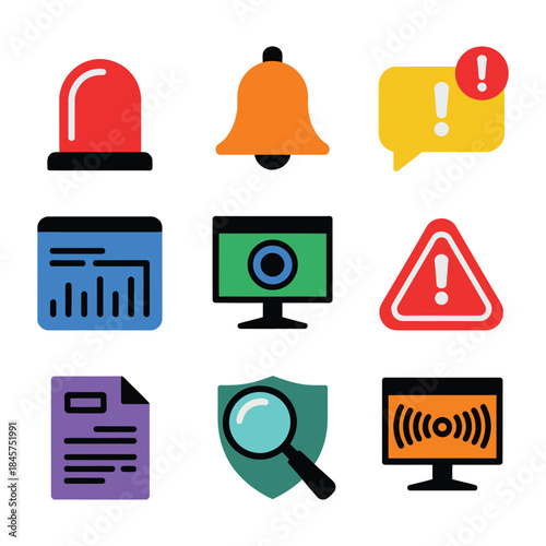 Emergency alert and notification icon set with siren bell warning report monitor symbols, safety communication flat vector illustration
