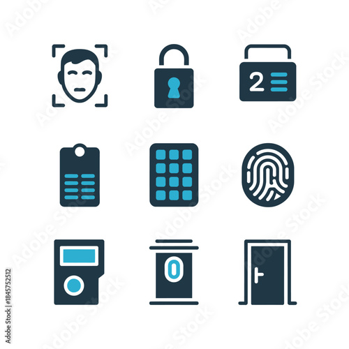 Secure entry and authorization icon collection with keypad fingerprint door lock id symbols, modern security flat vector illustration