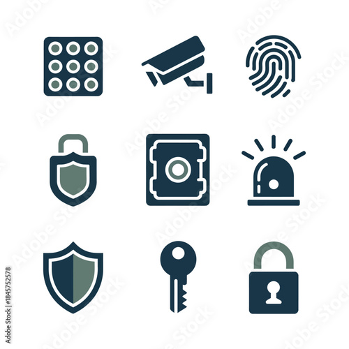 Cyber safety and surveillance icon collection with firewall safe lock camera alarm fingerprint symbols flat vector illustration