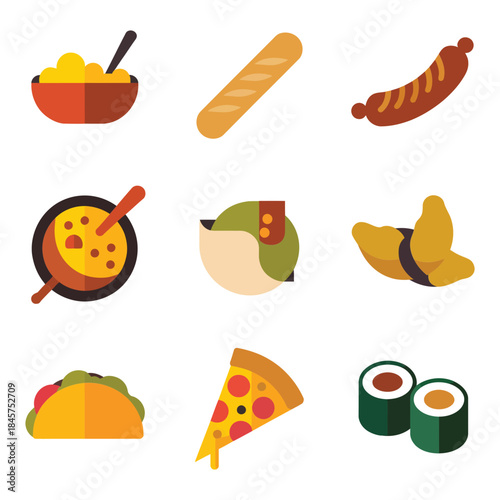 Global cuisine fast food icon set with pizza sushi taco bread soup sausage flat vector illustration collection