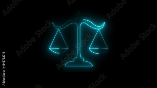 Glowing neon Law Symbol Digital Justice Scale Loop. Neon Scales of Justice Animation Legal Concept .Glowing neon line Scales of justice icon isolated on black background. Court of law