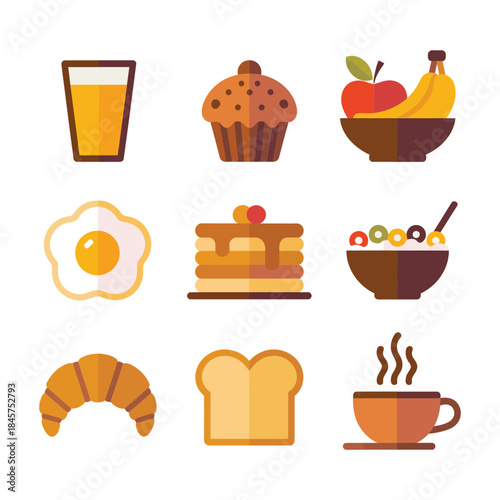 Breakfast food icon set with juice muffin fruit bowl egg pancake croissant toast coffee symbols flat vector illustration
