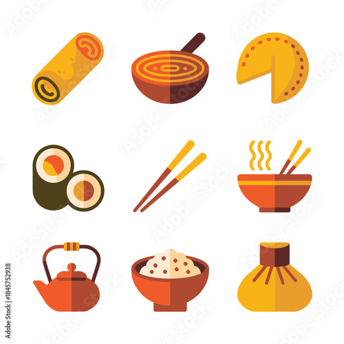 Oriental food and dining icon set with soup sushi rice bowl teapot chopsticks flat vector illustration design collection