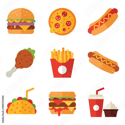 Fast food and snack icon set with burger pizza hotdog fries taco soda, colorful street food flat vector illustration