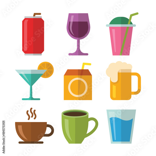 Cold and hot drink icon set with juice coffee tea beer cocktail mug, modern beverage flat vector illustration collection