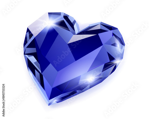 A blue gemstone cut into a heart shape, with multiple facets reflecting light, on a white background, in a digital illustration style.