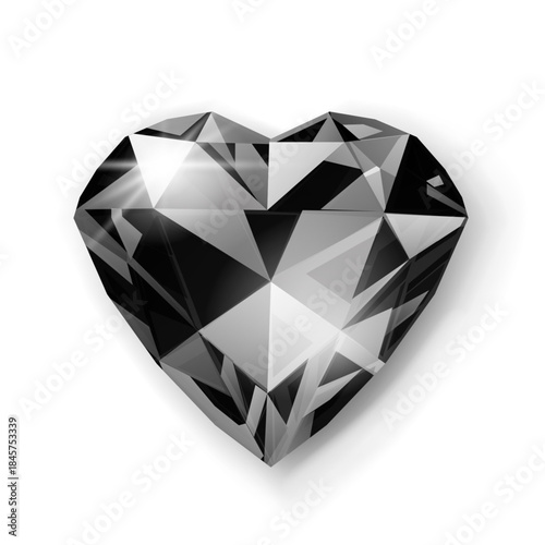 A digitally illustrated black diamond cut into a heart shape, with various facets reflecting light, set against a plain white background with subtle shadowing.