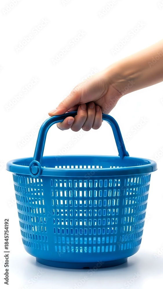 Fototapeta premium Hand holding blue plastic laundry basket with white background image