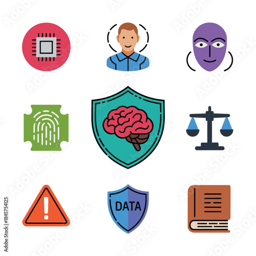 Data ethics and digital identity icon collection with brain shield balance warning data symbols, responsible technology flat vector illustration