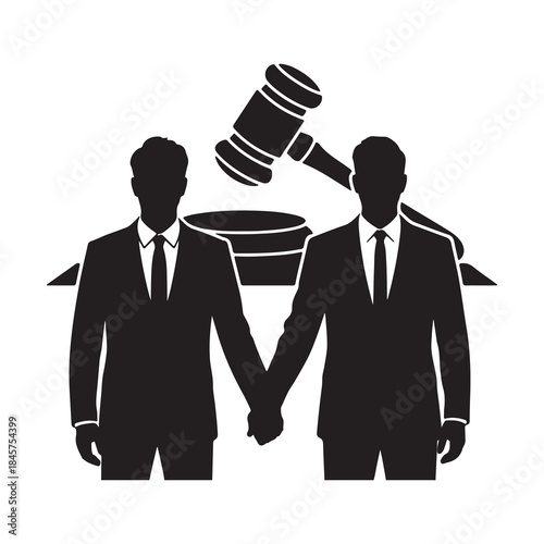 Same-Sex Marriage Equality Silhouette with Gavel and Justice Symbol Vector