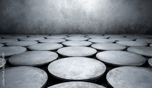 Fototapeta Naklejka Na Ścianę i Meble -  Gray and white image of a large empty room with a gray and white floor. The floor is made up of many small circles
