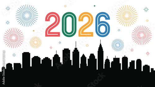 Vibrant city skyline celebrates 2026 with colorful fireworks display