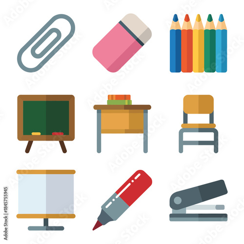 School furniture and teaching supplies icon collection with blackboard desk chair stationery tools, education flat vector illustration