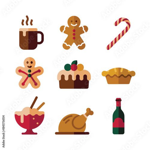Festive holiday dessert icon set with gingerbread cake beverage candy decorations, cozy winter celebration flat vector illustration