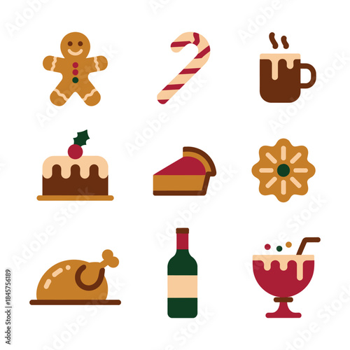 Holiday dessert and winter treat icon set with gingerbread candy cake drink, festive celebration flat vector illustration