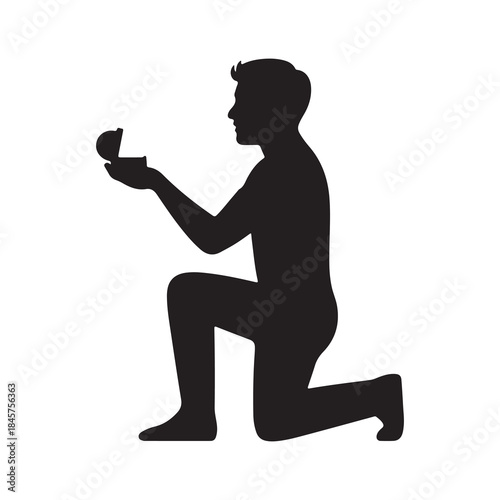 Man Kneeling and Proposing Marriage with Ring Box Silhouette Vector
