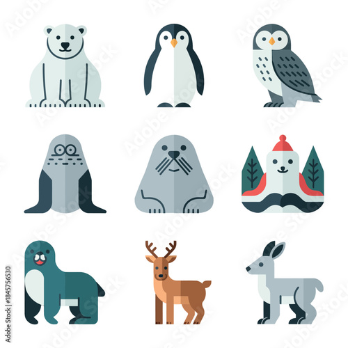 Arctic and forest animal icon set with bear penguin owl deer fox rabbit, winter nature flat vector illustration collection