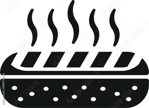 Solid black silhouette vector illustration of a sizzling hot dog or grilled sausage in a bun with steam rising, symbolizing barbecue, street food, fast food, grilling, summer party, and savory quick m