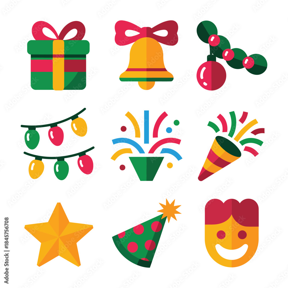 Fototapeta premium Christmas party element icon set with smile star bell gift garland, playful celebration flat vector illustration design collection
