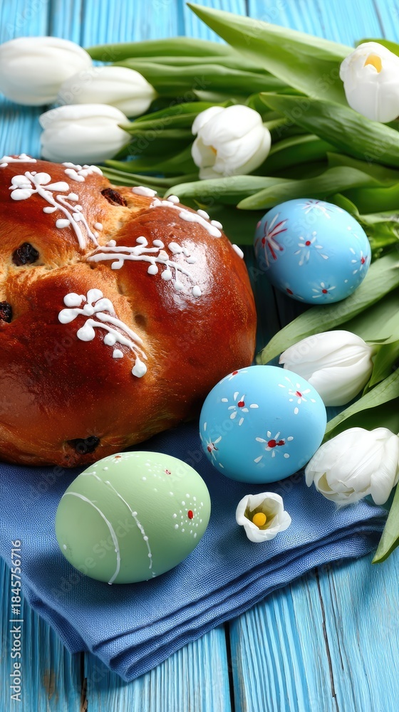 Fototapeta premium Easter celebration with a delicious cake, colorful eggs, and fresh tulips on a blue pastel table setting