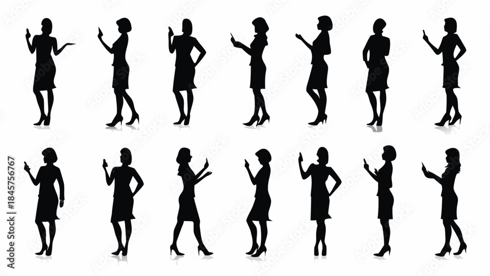 Naklejka premium Set of businesswomen silhouettes using smartphones in various poses