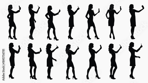 Silhouettes of women in various poses with smartphones