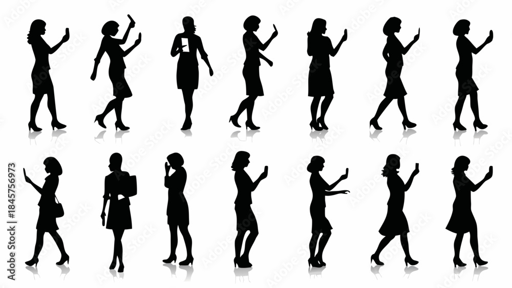 Fototapeta premium Businesswomen in various poses with mobile devices