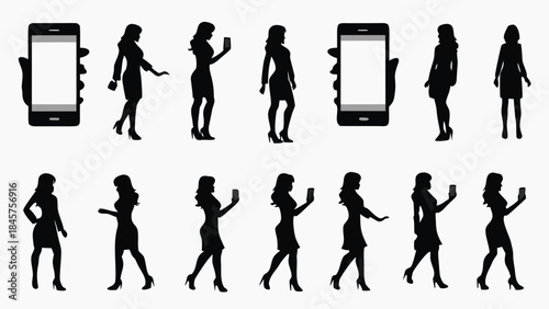 Silhouettes of businesswomen using smartphones in various poses
