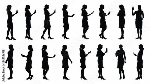 Silhouettes of women in business attire using smartphones