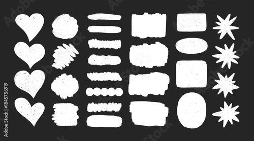 Chalk lines, square frames, pencil underlines, stars, hearts, arrows, lines, crayon stroke by pen, brush scribbles on blackboard. Vector rectangle charcoal hand drawn sketch elements. Doodle grunge