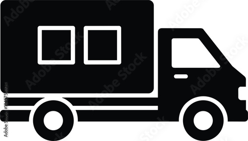Solid black silhouette vector illustration of a small box truck or light commercial delivery van, symbolizing logistics, shipping, moving services, transportation, urban delivery, and freight commerce