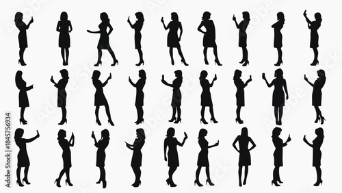 Collection of women in business attire using smartphones in various poses
