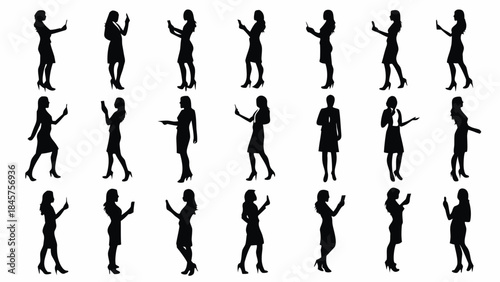 Collection of businesswomen in various poses with smartphones