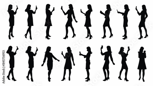 Silhouettes of women in business attire using smartphones