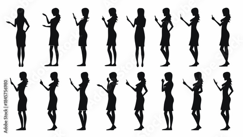 Set of women in various poses using smartphones