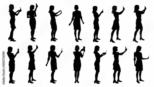 Collection of women using smartphones in various poses and outfits
