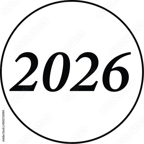 A bold black and white vector illustration of the number 2026 enclosed in a simple circle outline, symbolizing the upcoming new year and future.