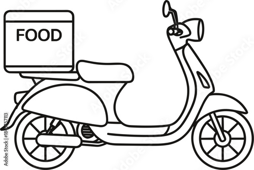 Monochrome vector line art illustration of a delivery scooter or moped with a large box labeled 'FOOD' on the back rack, symbolizing fast food delivery, courier services, transportation, and restauran