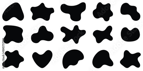 black irregular blob shapes set. Organic random liquid forms in flat style. Various shapes of irregular blobs. Random blob circles silhouette icon set. 