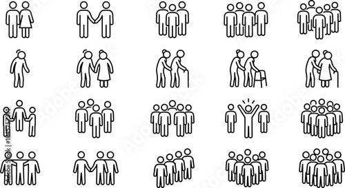 Minimal people icons set, human groups, family, friends, community, elderly care, crowd diversity, social relationships, teamwork, outline pictograms collection isolated