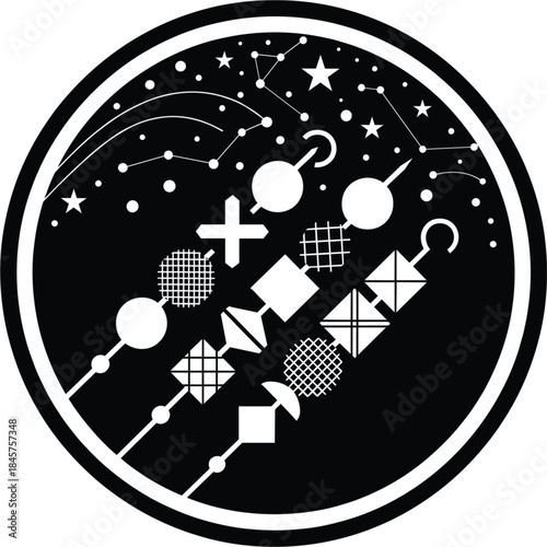 Conceptual, monochrome vector emblem or circular logo featuring two crossed shish kebabs or skewers with food pieces, set against a night sky filled with stars and constellations, symbolizing grilling