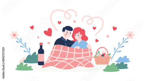 A romantic garden picnic scene with a loving couple wrapped in a shared blanket surrounded by flowers hearts and a wine bottle
