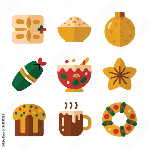 Christmas dessert and festive food icon set with cake cookie pudding drink sweet holiday flat vector illustration collection
