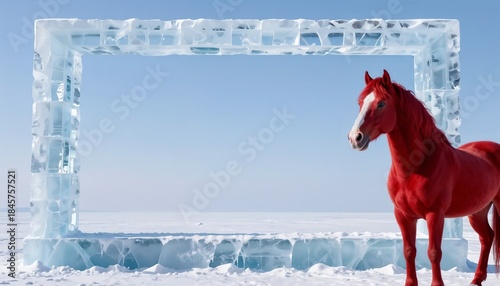 Red horse standing confidently in front of an ice frame on a snowy background with copy space